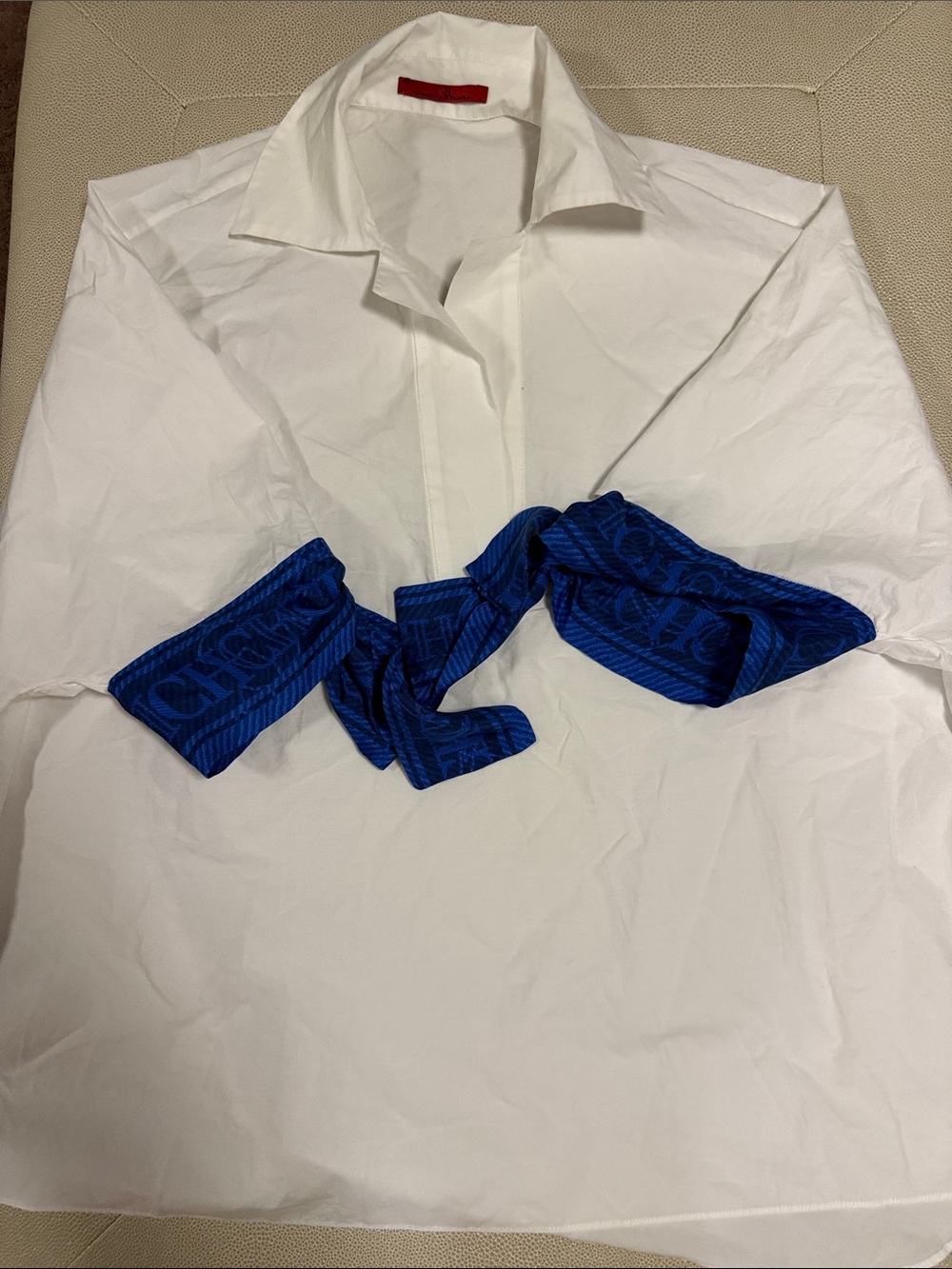 Carolina Herrera White Blouse with Royal Blue Sash